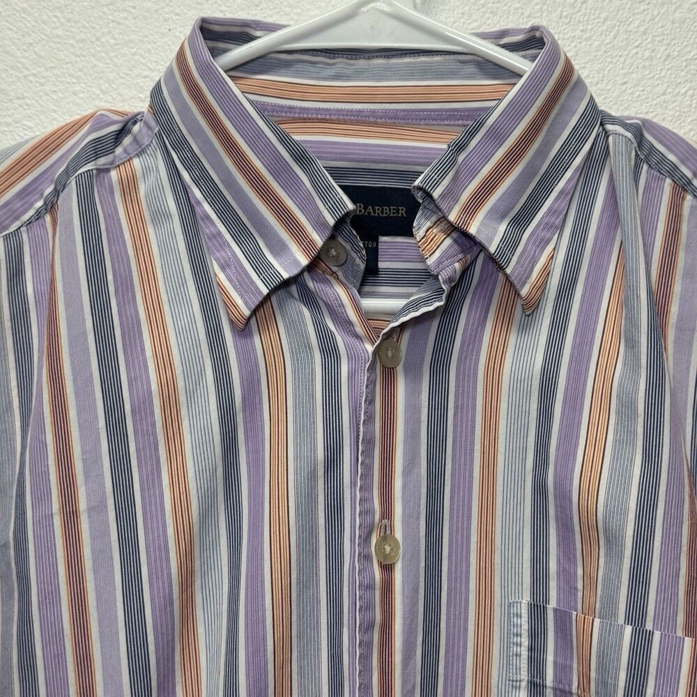 Scott Barber Shirt M Purple Gray Orange Stripe 100% Cotton Button‎ Long Sleeve